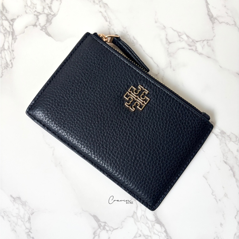New Tory Burch Pebbled Leather Zip Card Case Wallet Black